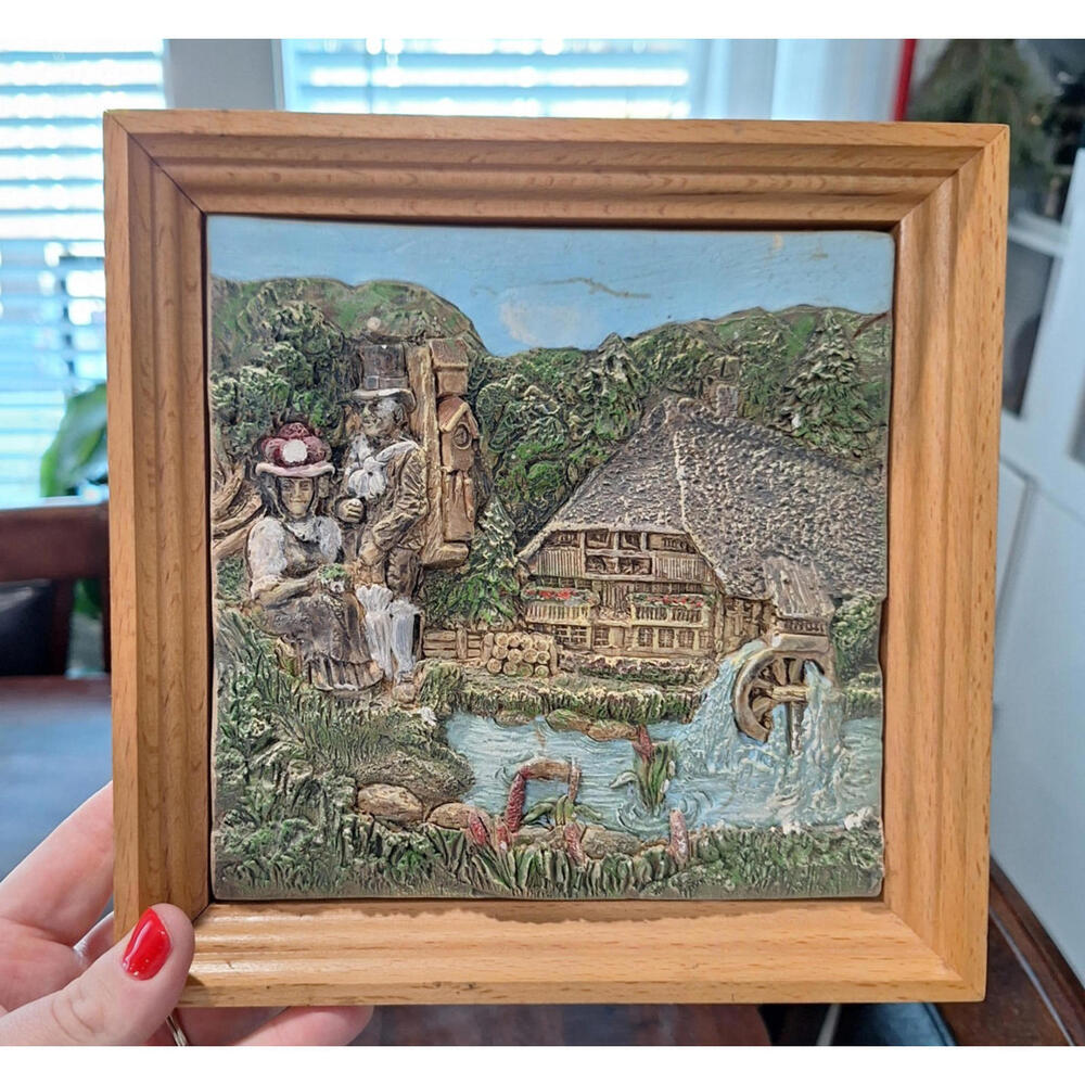 Vintage 3D Barn Mill Water Wheel Plastic Wall Art Germany Framed 9”